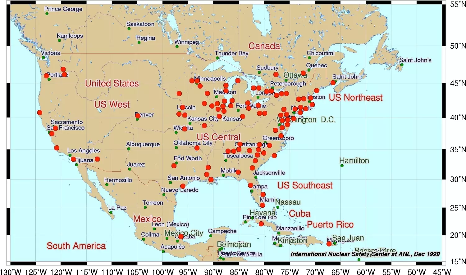 Карта расположения АЭС в Северной Америке